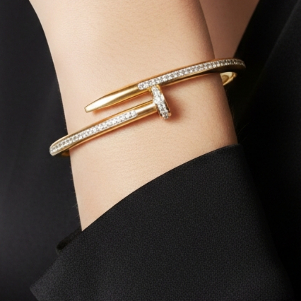 New 18 Karat Gold Plated Stainless Steel Nail Bracelet CZ Hinged Screw Cuff